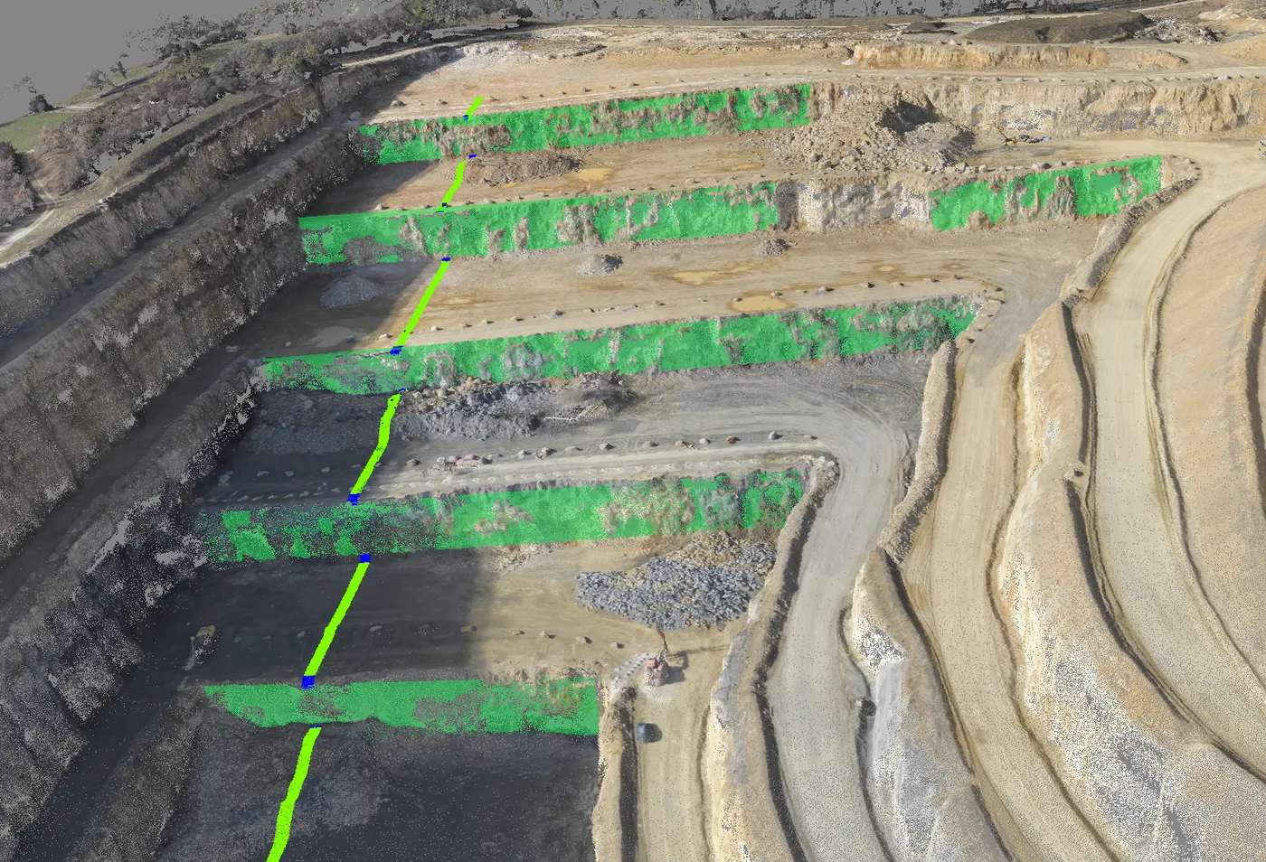 Bench staircase with a slope measurement line traced through the 3D data