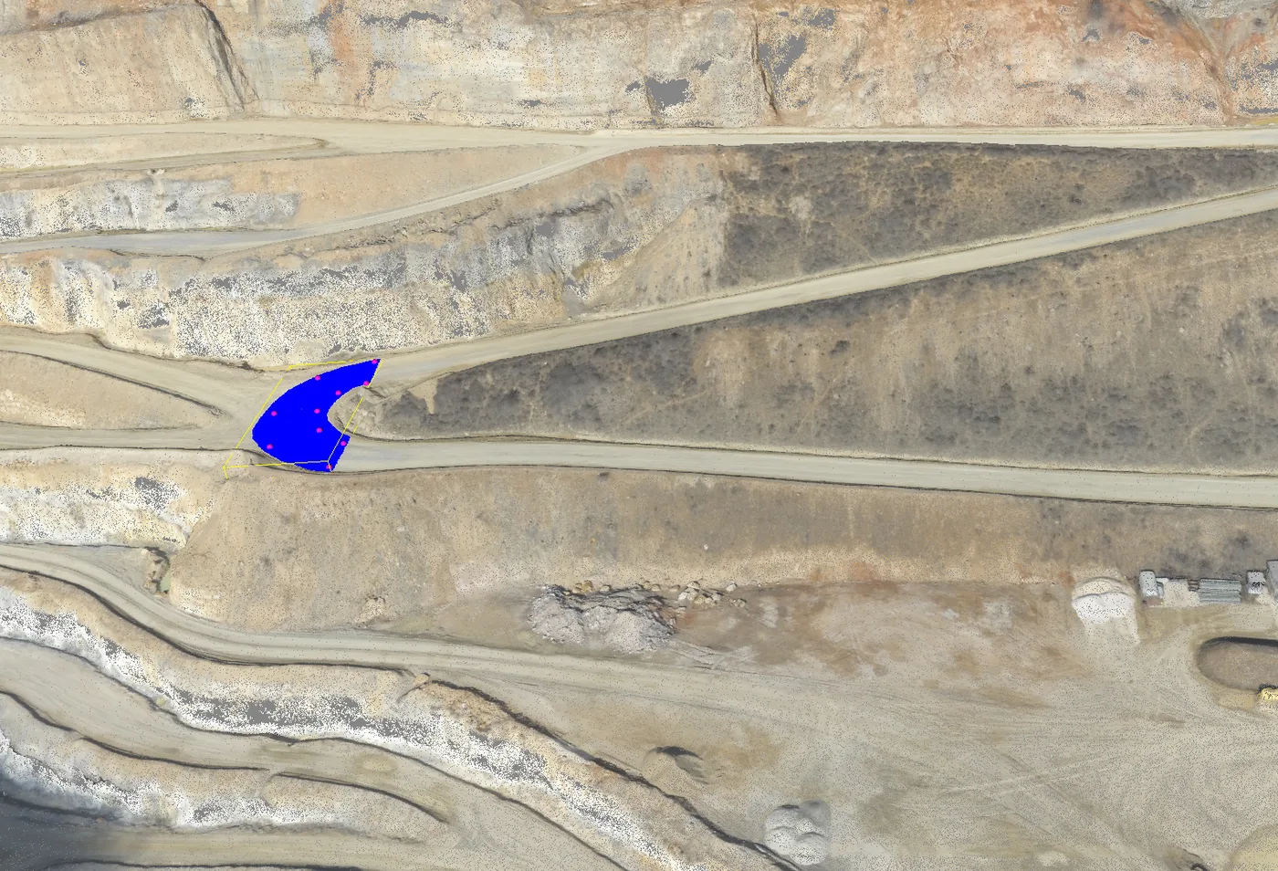 Haul road switchback isolated for grade, width, and turn-radius measurement