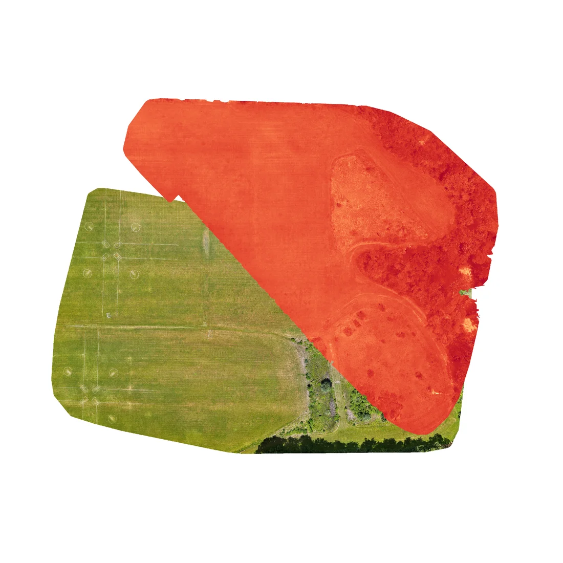 Split-view composite of turf: plain RGB next to an NDWI standing-water index