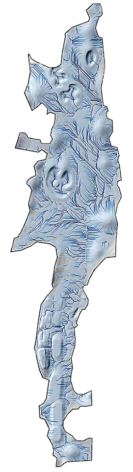 Full-course flow-accumulation terrain model showing closed drainage depressions