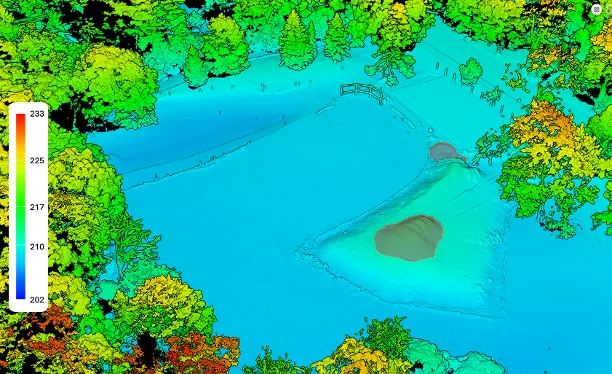 Elevation model of a park construction site showing surrounding tree canopy